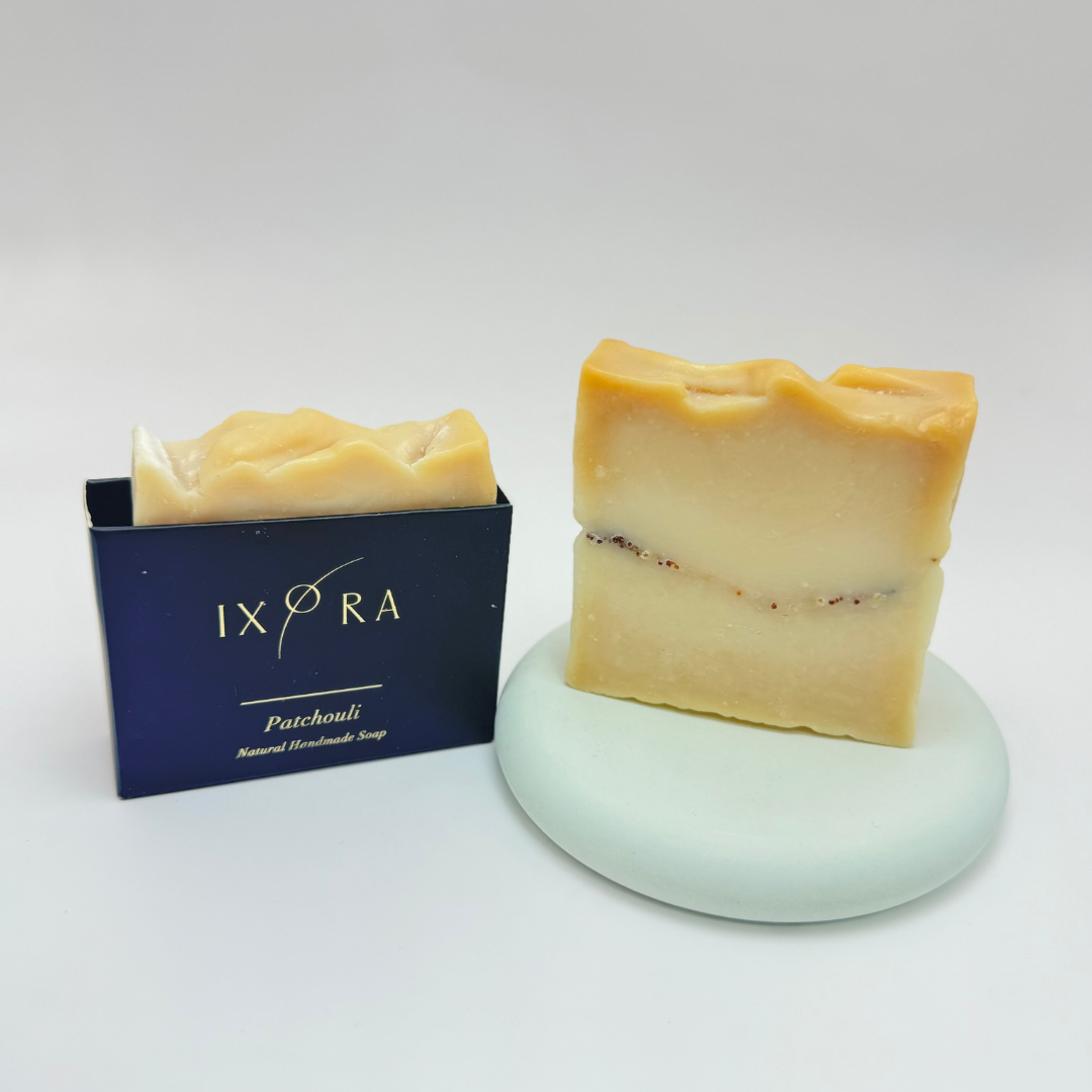 Natural Handmade Patchouli Soap by IXORA: Balancing Soap with Antiseptic and Anti-Inflammatory Properties for Clear, Even-Toned Skin IXORA