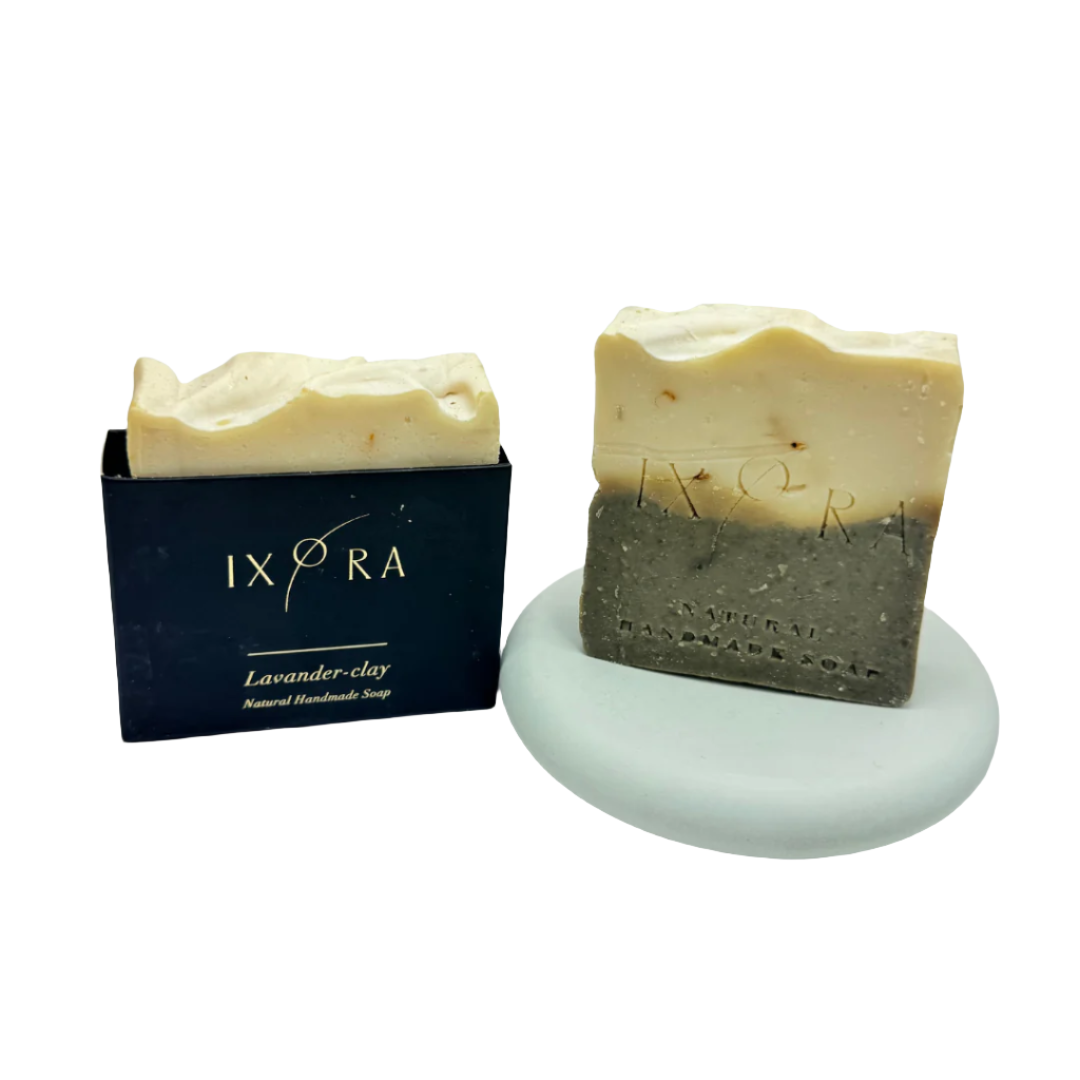 Natural Handmade Lavender Clay Soap by IXORA: Calming Soap with Antiseptic and Detoxifying Properties for Clear, Soothed Skin IXORA