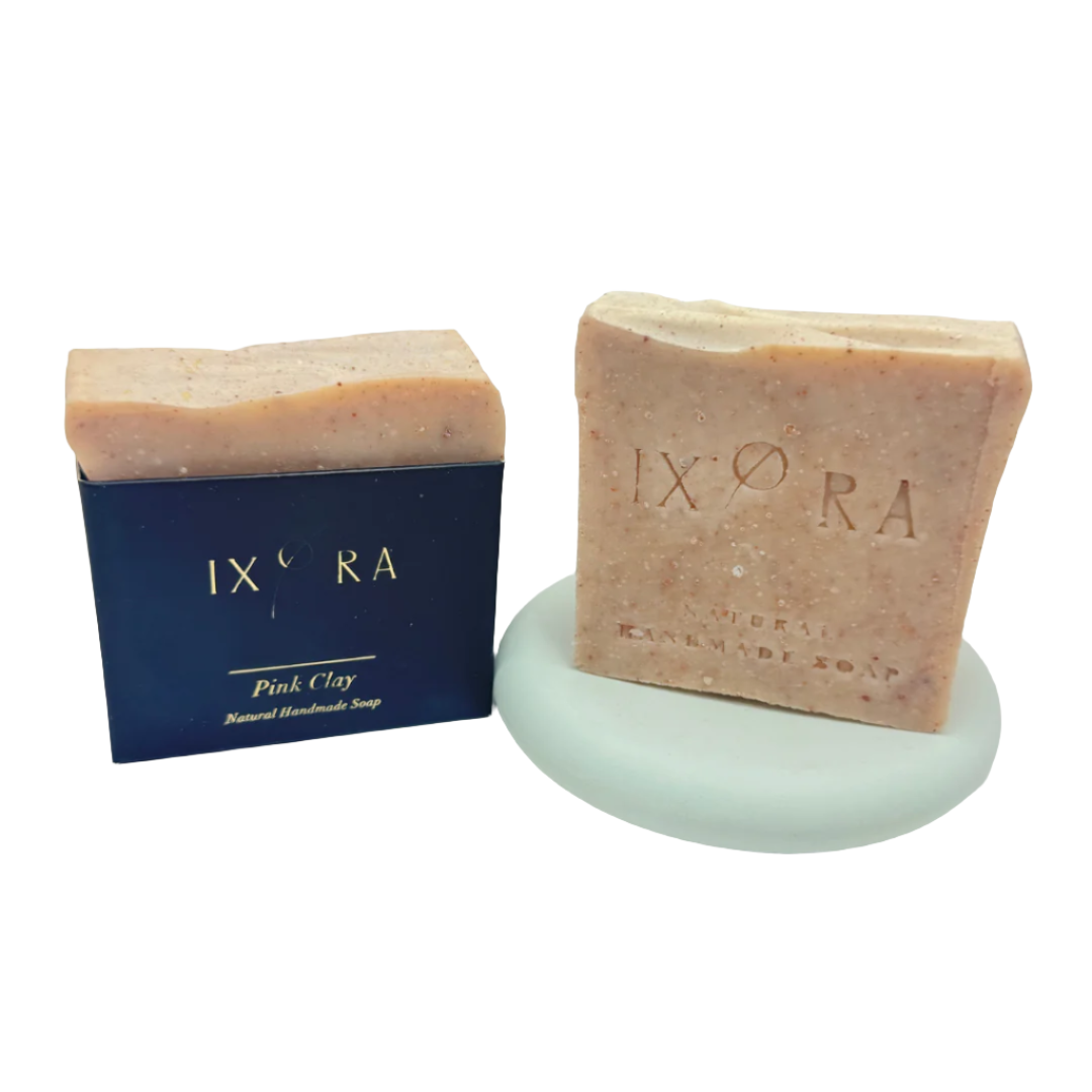 Natural Handmade Pink Clay Soap by IXORA: Detoxifying Soap with Exfoliating and Rejuvenating Properties for Smooth, Radiant Skin IXORA