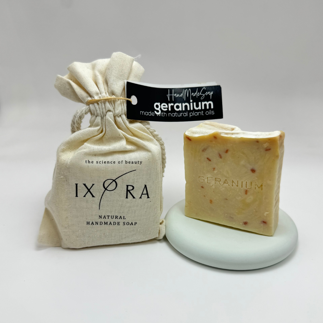 Natural Handmade Geranium Soap by IXORA: Balancing Soap with Antibacterial and Anti-Inflammatory Properties for Clear, Even-Toned Skin IXORA